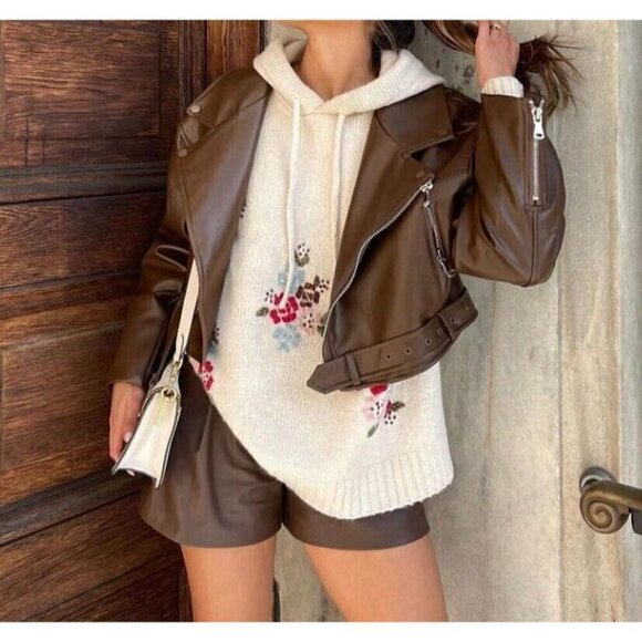 Zara Sz L Brown Faux Leather High Rise Shorts Vegan Stretch Pockets NWT NEW - Picture 8 of 16